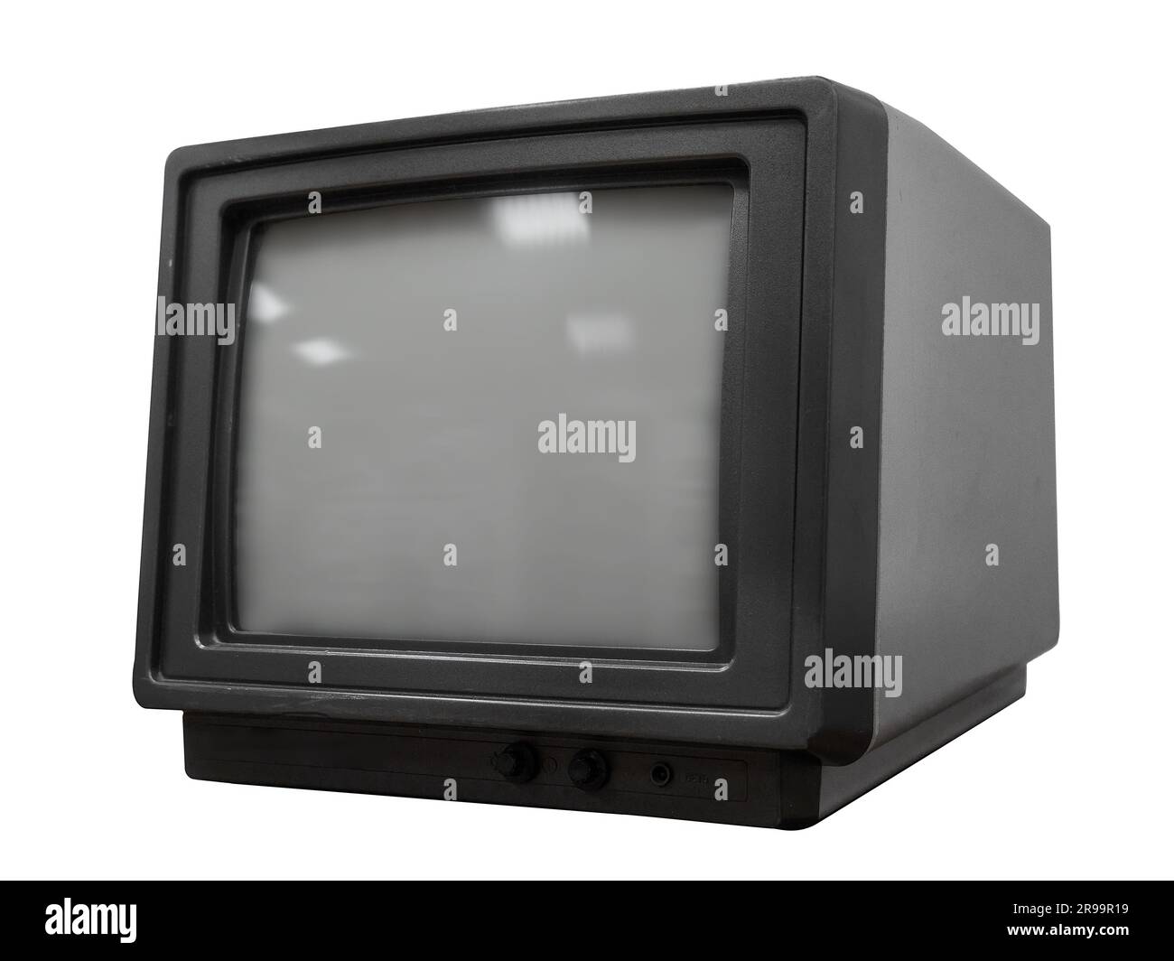 Tube TV with cathode ray tube. Outdated monitor isolated on white background. Gray TV screen