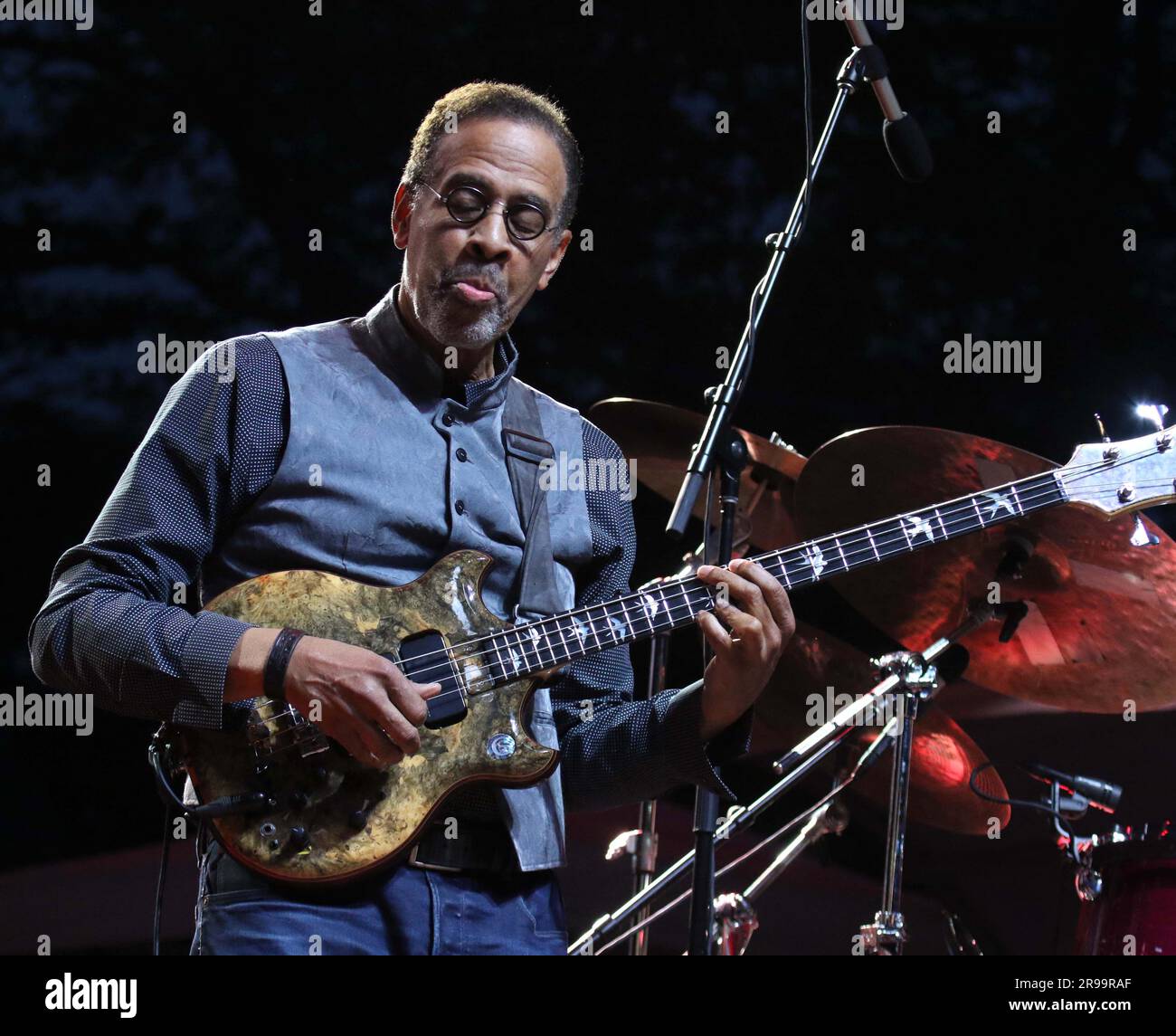 June 24, 2023, New York City, New York, USA: Legendary jazz bassist STANLEY  CLARKE performs during the SummerStage concert with Stanley Clark, Kenny  Garrett and Brandee Younger held at Rumsey Playfield in