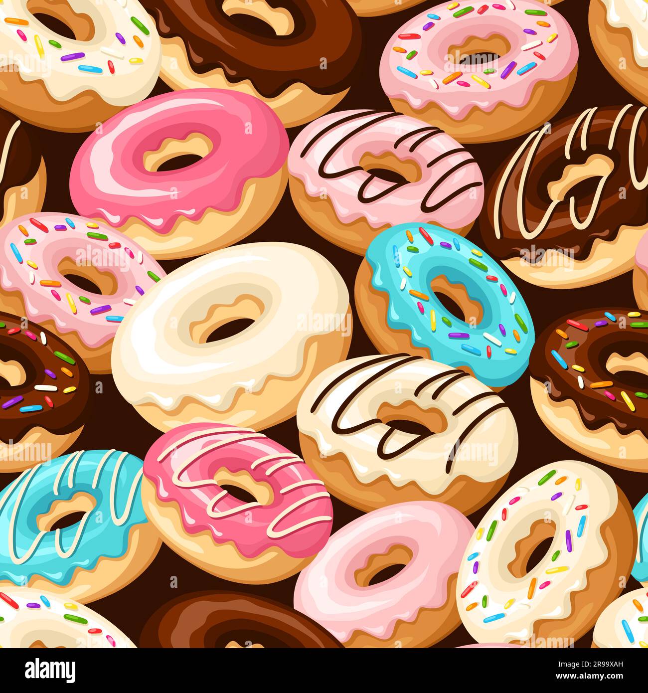 Seamless pattern with colorful donuts on a brown background. Vector ...