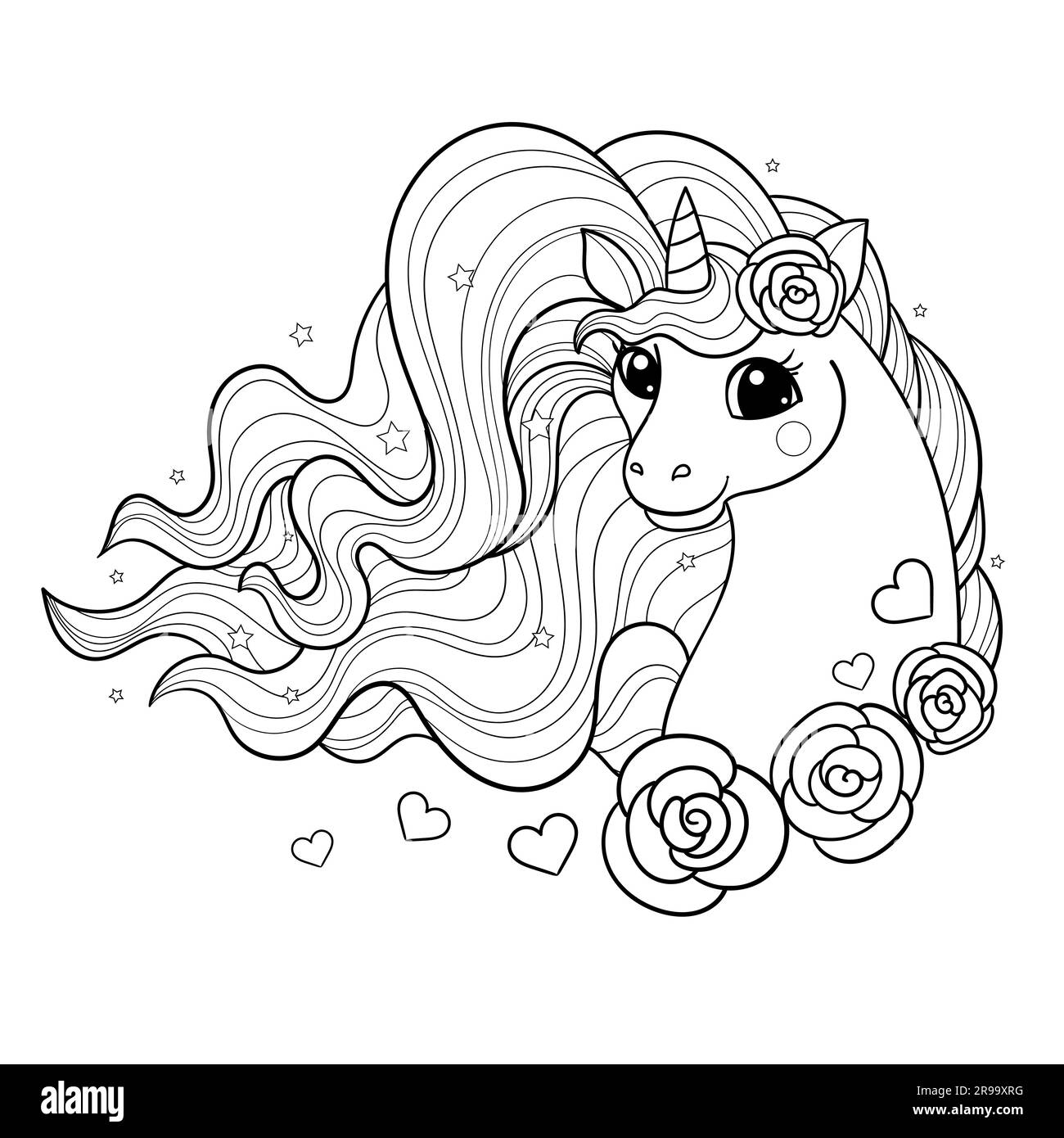 Head of a unicorn with a long mane and flowers. Black and white linear drawing. For children's design of coloring books, prints, posters, stickers, po Stock Vector