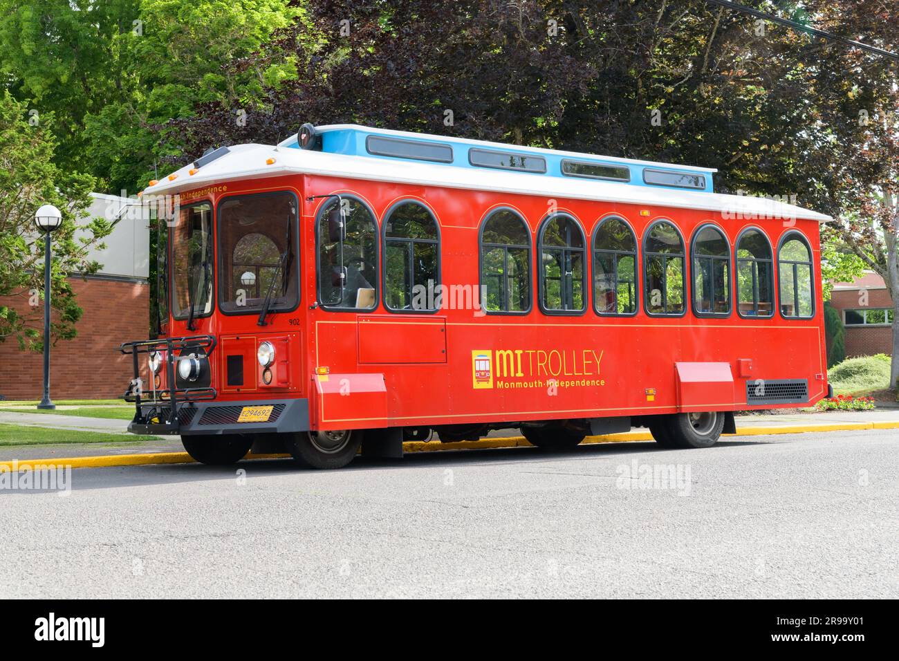 Monmouth, OR, USA - June 13, 2023; Monmouth Independence Trolley colorful red local bus service in central Oregon Stock Photo