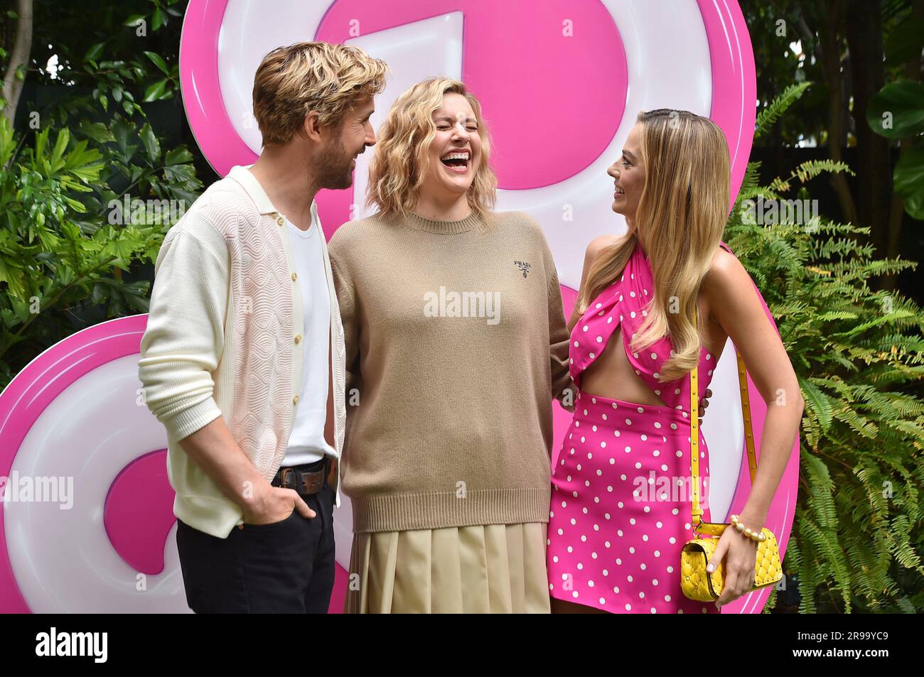Ryan Gosling, from left, Greta Gerwig and Margot Robbie arrive at a