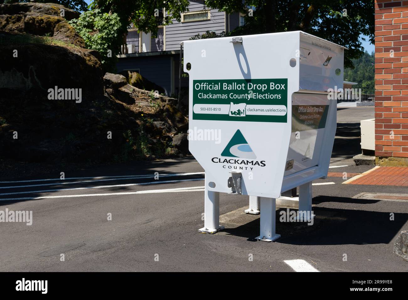 Oregon City, OR, USA - June 11, 2023; Clackamas County official ballot drop box iin Oregon City Stock Photo