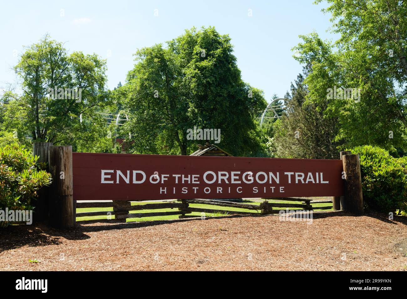 Oregon City, OR, USA - June 11, 2023; Sign at End of the Oregon Trail Historic Site in Oregon City Stock Photo