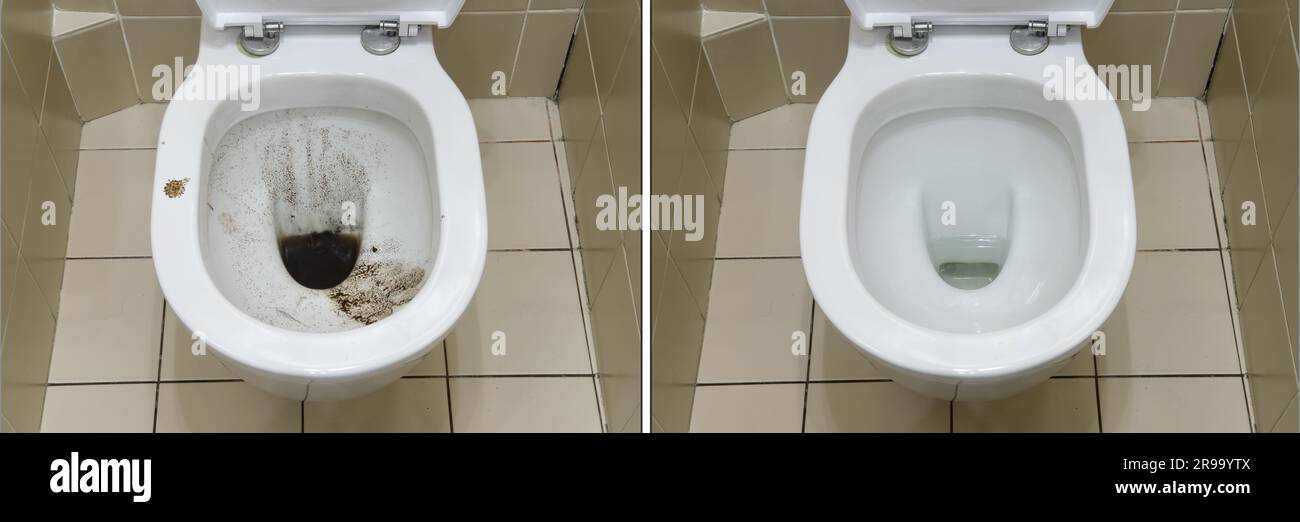 Toilet bowl before and after cleaning from dirt and clogging of the