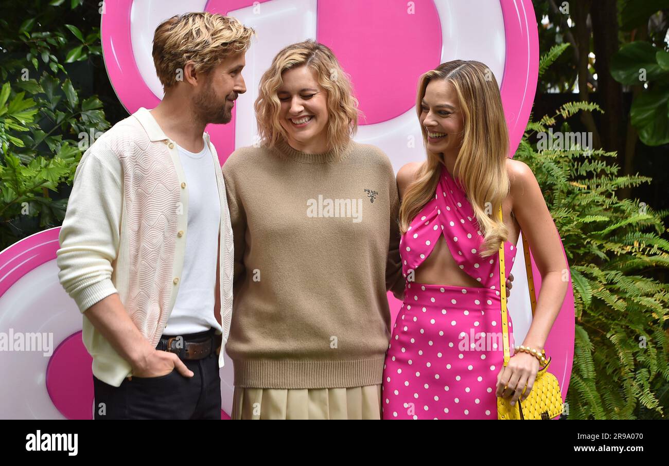 Ryan Gosling, from left, Greta Gerwig and Margot Robbie arrive at a