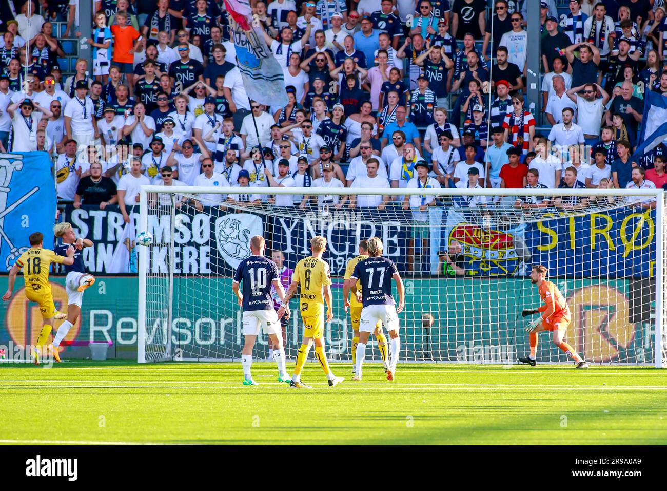 Drammen, Norway, 25th June 2023. Strømsgodsets Jonatan Braut Brunes scores 1-0 in the match between Strømsgodset and Bodø/Glimt at Marienlyst stadium in Drammen.   Credit: Frode Arnesen/Alamy Live News Stock Photo