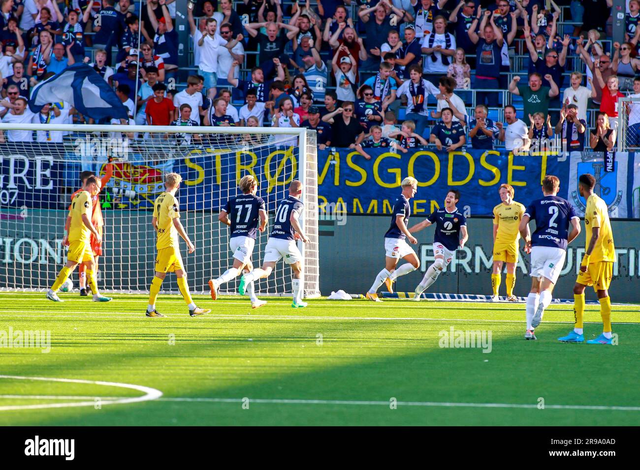Drammen, Norway, 25th June 2023. Strømsgodsets Jonatan Braut Brunes scores 1-0 in the match between Strømsgodset and Bodø/Glimt at Marienlyst stadium in Drammen.    Credit: Frode Arnesen/Alamy Live News Stock Photo