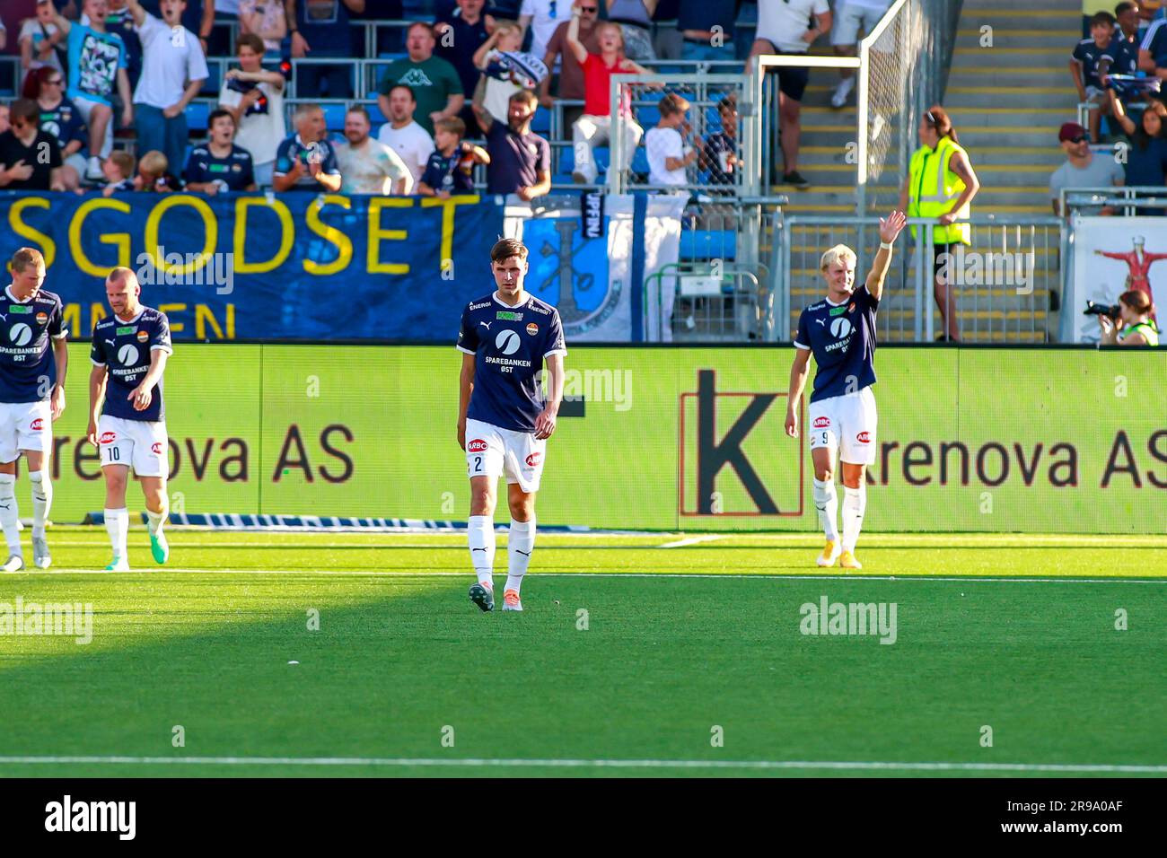 Drammen, Norway, 25th June 2023. Strømsgodsets Jonatan Braut Brunes celebrates scoring 1-0 in the match between Strømsgodset and Bodø/Glimt at Marienlyst stadium in Drammen.    Credit: Frode Arnesen/Alamy Live News Stock Photo