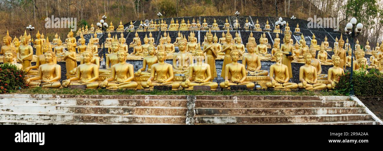 Multiple rows of golden statues of the Buddha seated with flowers, at Wat Phou Salao, Pakse, Laos Stock Photo