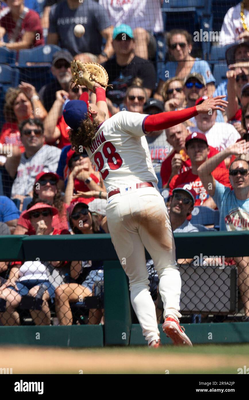 Philadelphia Phillies first baseman Alec Bohm (28) catches a pop fly