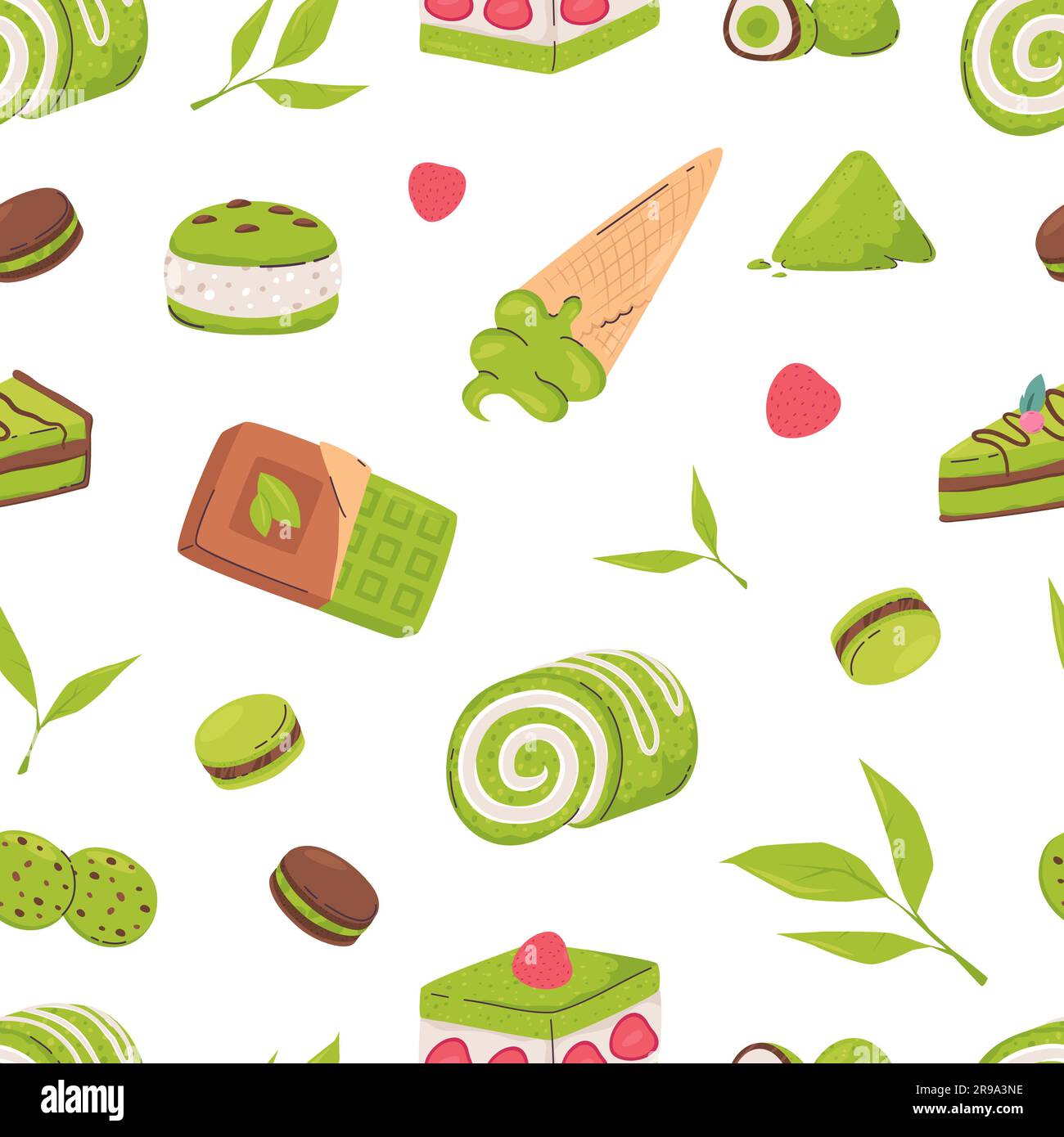 Green matcha and chocolate sweet desserts. Cakes, macarons, cookies and berries. Leaves and food, cafe, bakery vector seamless pattern Stock Vector