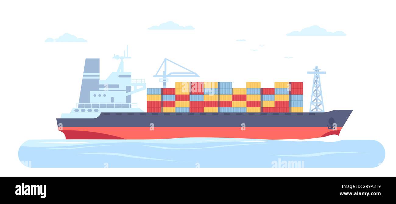 Cargo ship in ocean with shipping containers on board. Freight delivery. Goods export. Heavy boxes transportation. Sea boat. Marine transport Stock Vector