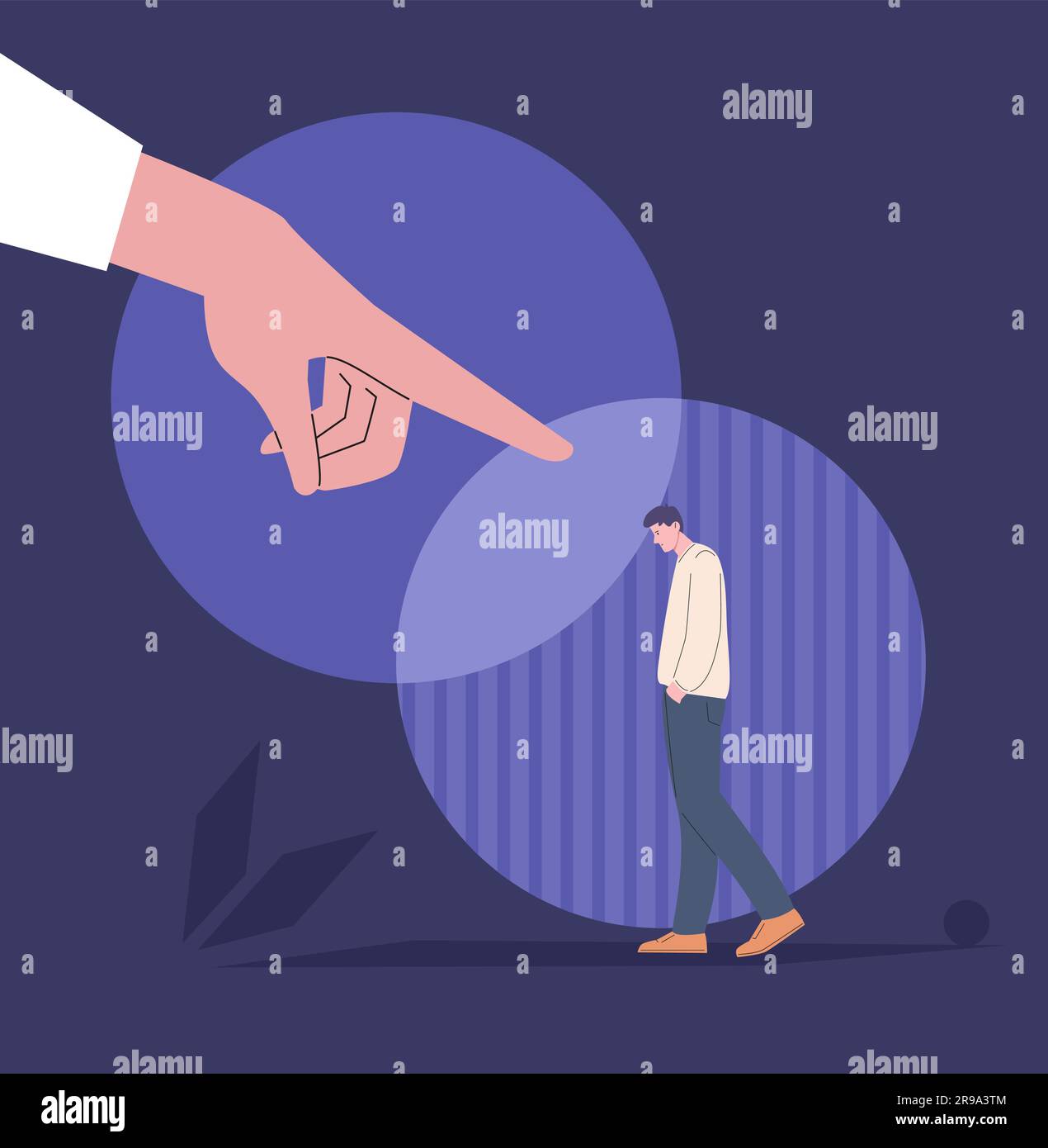 Social shaming and guilt concept. Disgrace and intimidation, human giant hand pointing sad