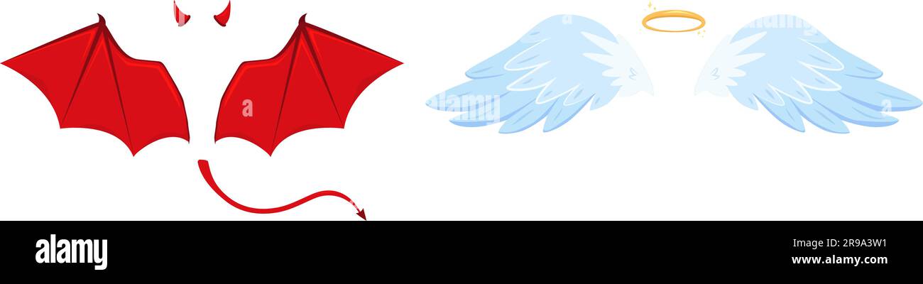 Angel and devil wings. Isolated demon hell and holy angels costume elements. Evil or good, red horns and shine halo. Snugly vector graphic Stock Vector