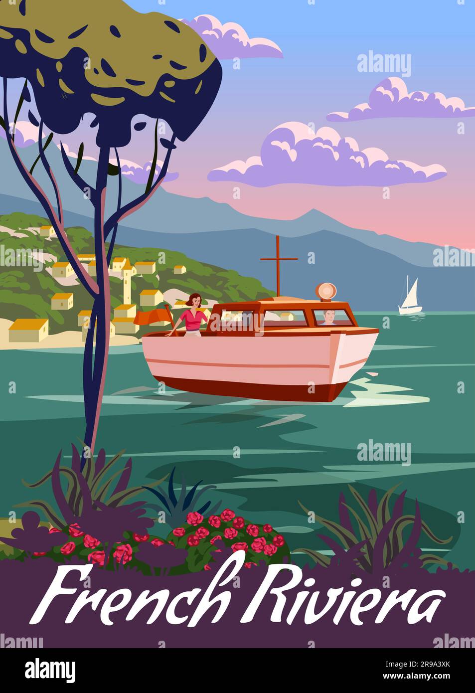 French Riviera Motorboat coast poster vintage. Resort, coast, sea ...