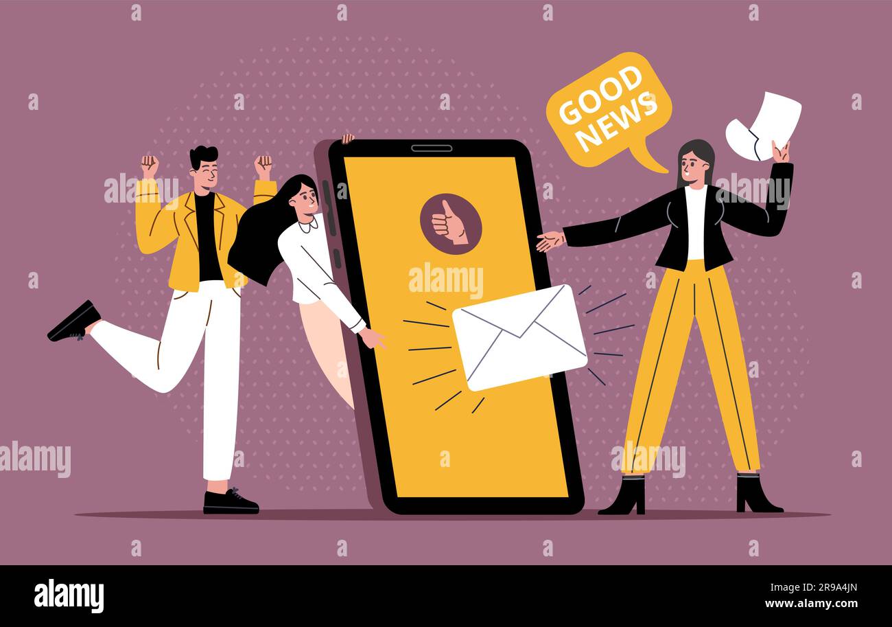 Getting good news. Happy employees rejoice. Large smartphone with message in letter envelope. People receive email correspondence. Positive emotions Stock Vector
