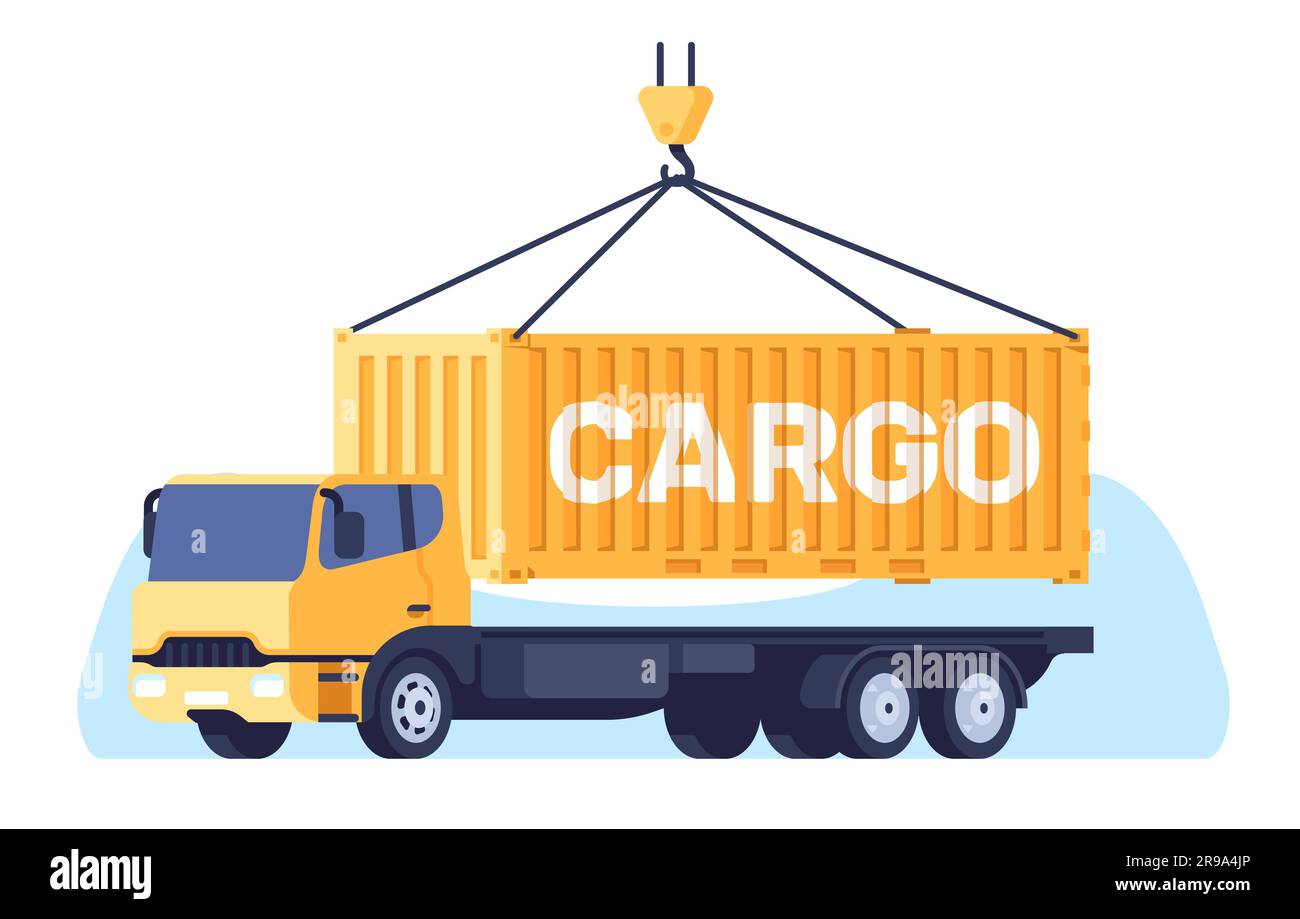 Loading shipping container on truck with crane. Cargo lorry for metal