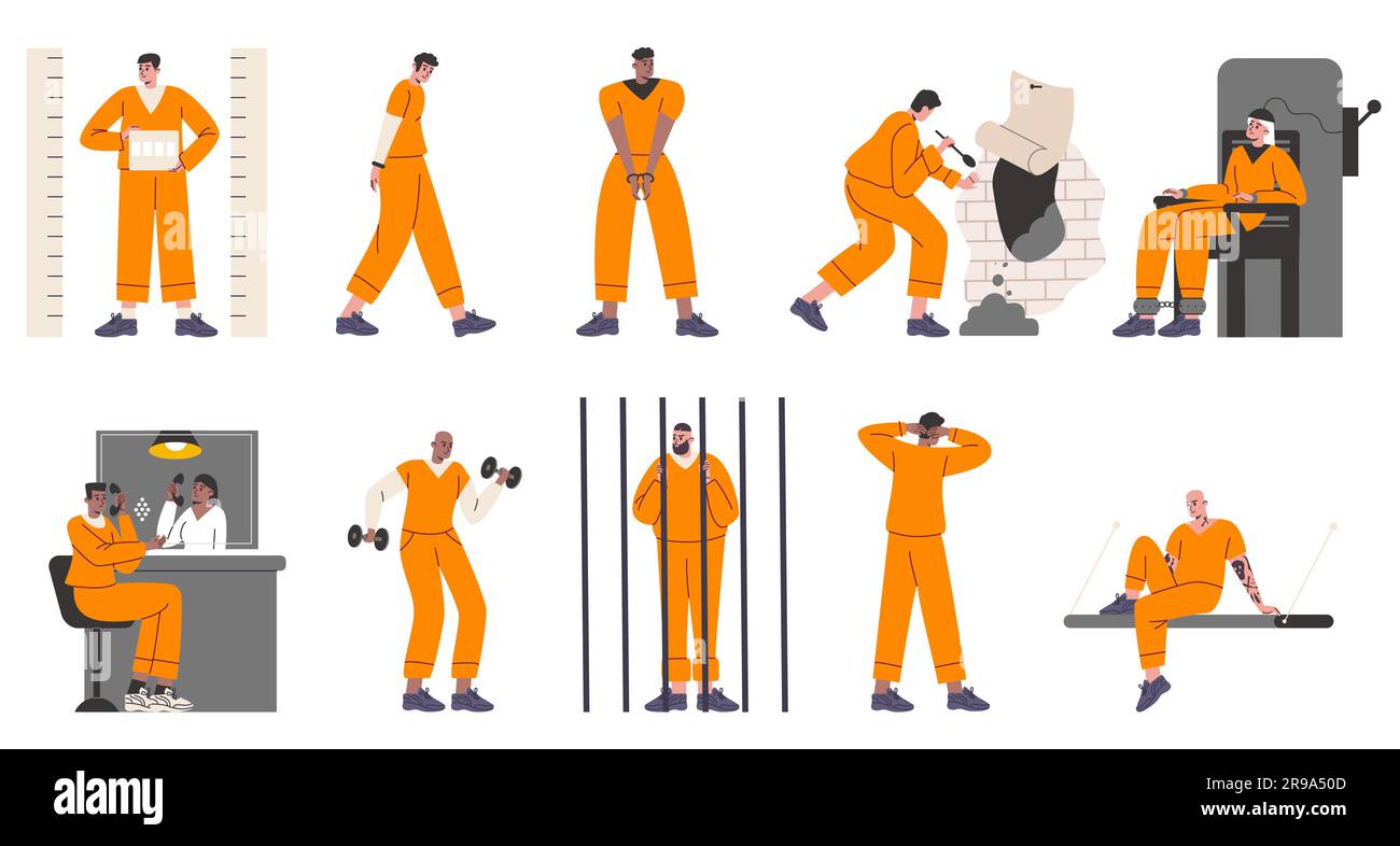 Prison people. Cartoon prisoners in orange jumpsuits. Dating room. Escape organization. Electric chair. Serving time for crimes. Convicted guy in jail Stock Vector