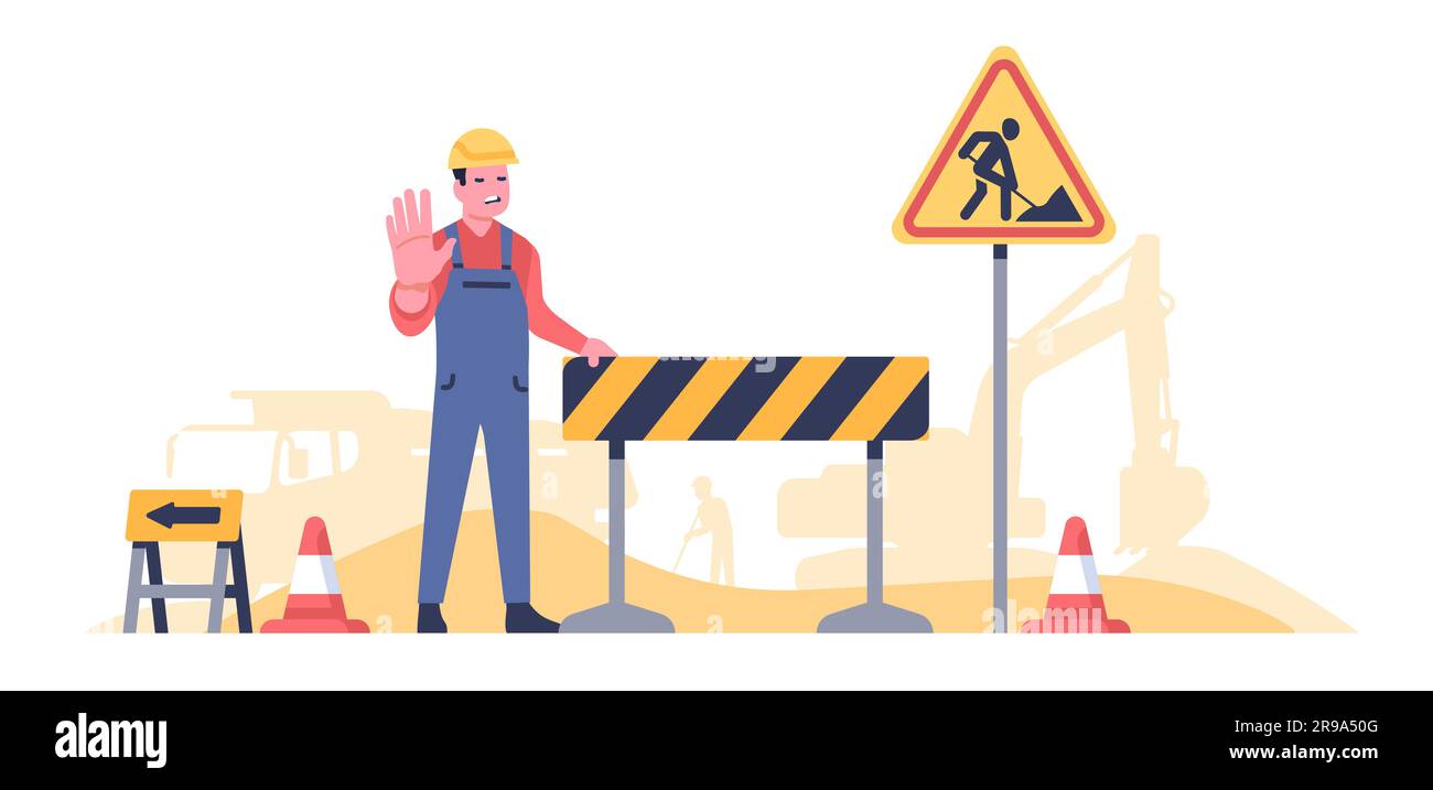 Road worker prohibits passage because street repair work is in progress