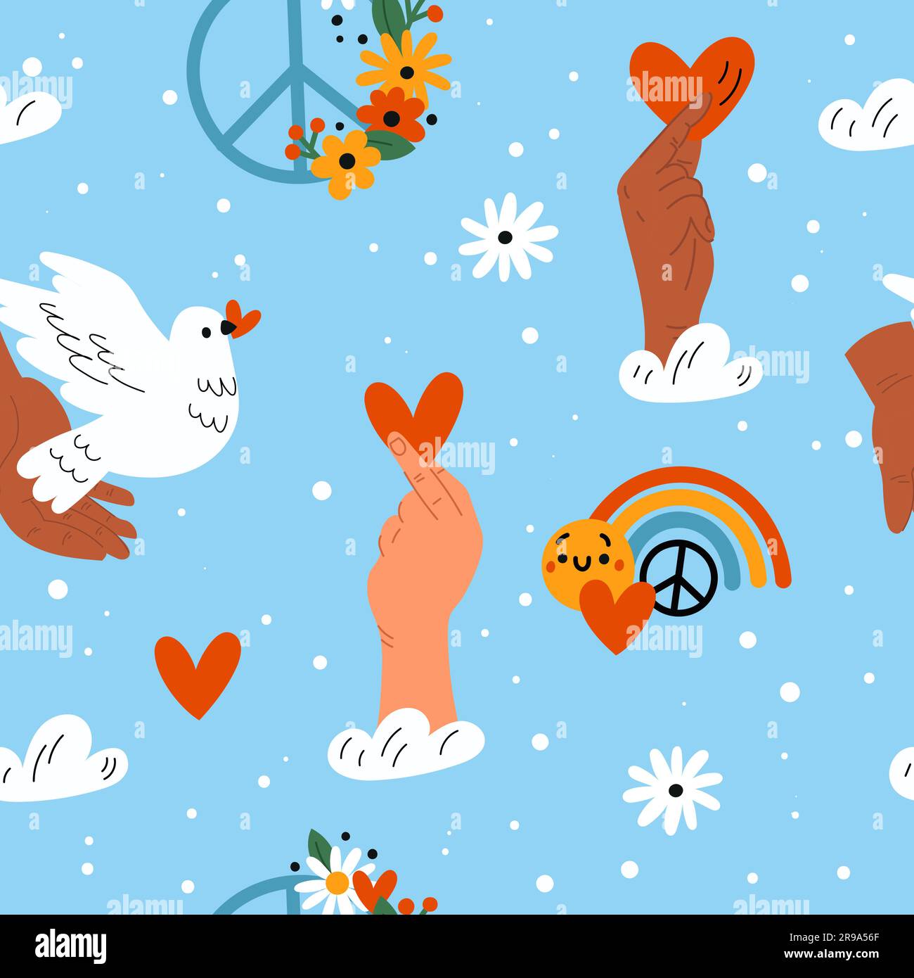 Peace and love elements seamless pattern. Hippies symbols. Hands hold