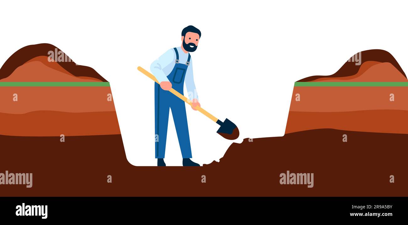 Male construction worker digging hole with shovel. Industrial land