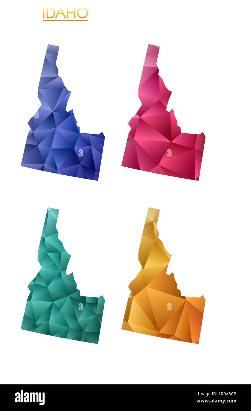 Set of vector polygonal maps of Idaho. Bright gradient map of us state in low poly style. Multicolored Idaho map in geometric style for your infograph Stock Vector