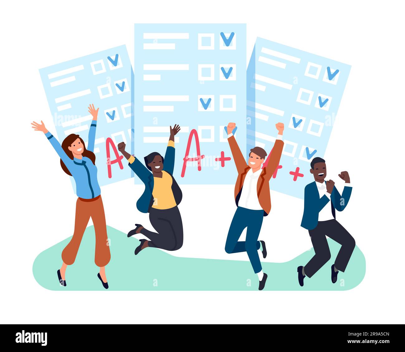 Students rejoice at passing school exam test. Examination resalt