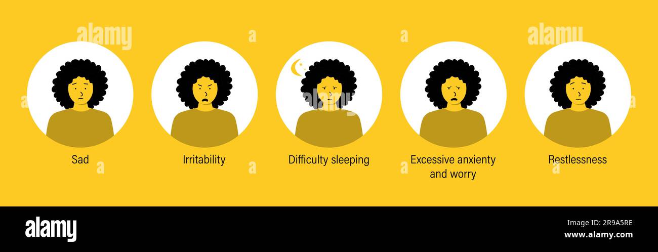 Set of illustrations with different types of mental disorders. A woman ...