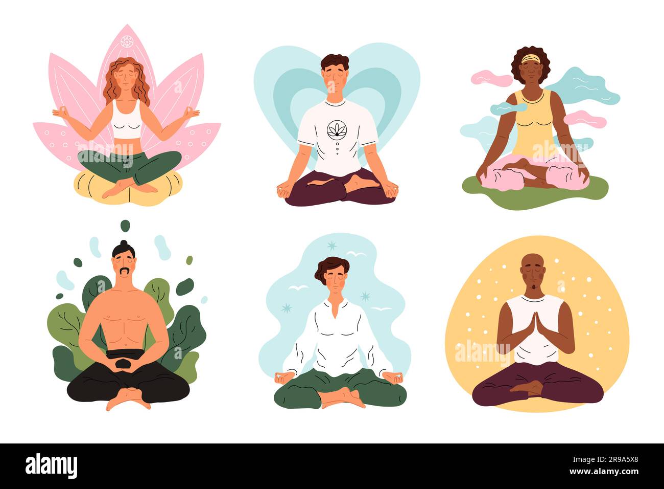 Happy people meditate. Lotus position. Men and women on yoga practice. Balance or calm relax. Enlightenment and nirvana state. Outdoor meditation Stock Vector