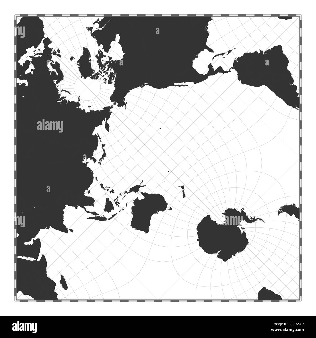 Vector world map. Peirce quincuncial projection. Plain world geographical map with latitude and longitude lines. Centered to 180deg longitude. Vector Stock Vector