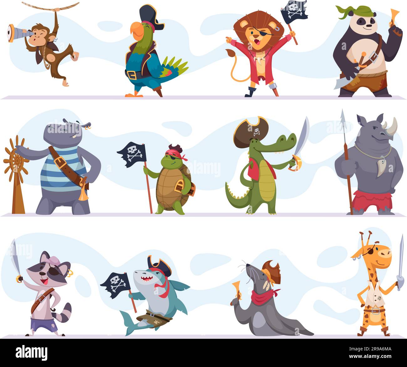 Animal pirate. Sailors cartoon animals with weapons in action poses exact vector pictures collection Stock Vector