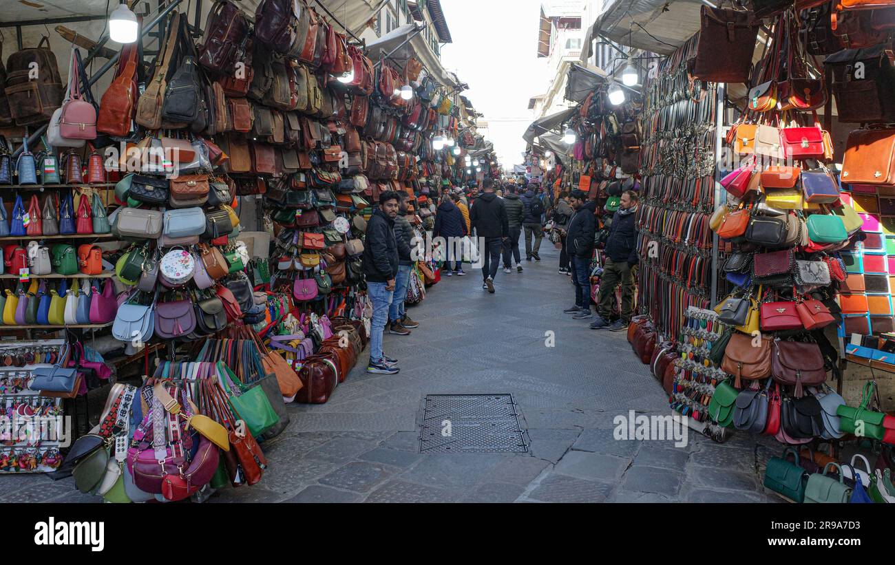 Florence, Italy - 22 Nov, 2022: Belts and leathers goods for sale near Florence Central market Stock Photo