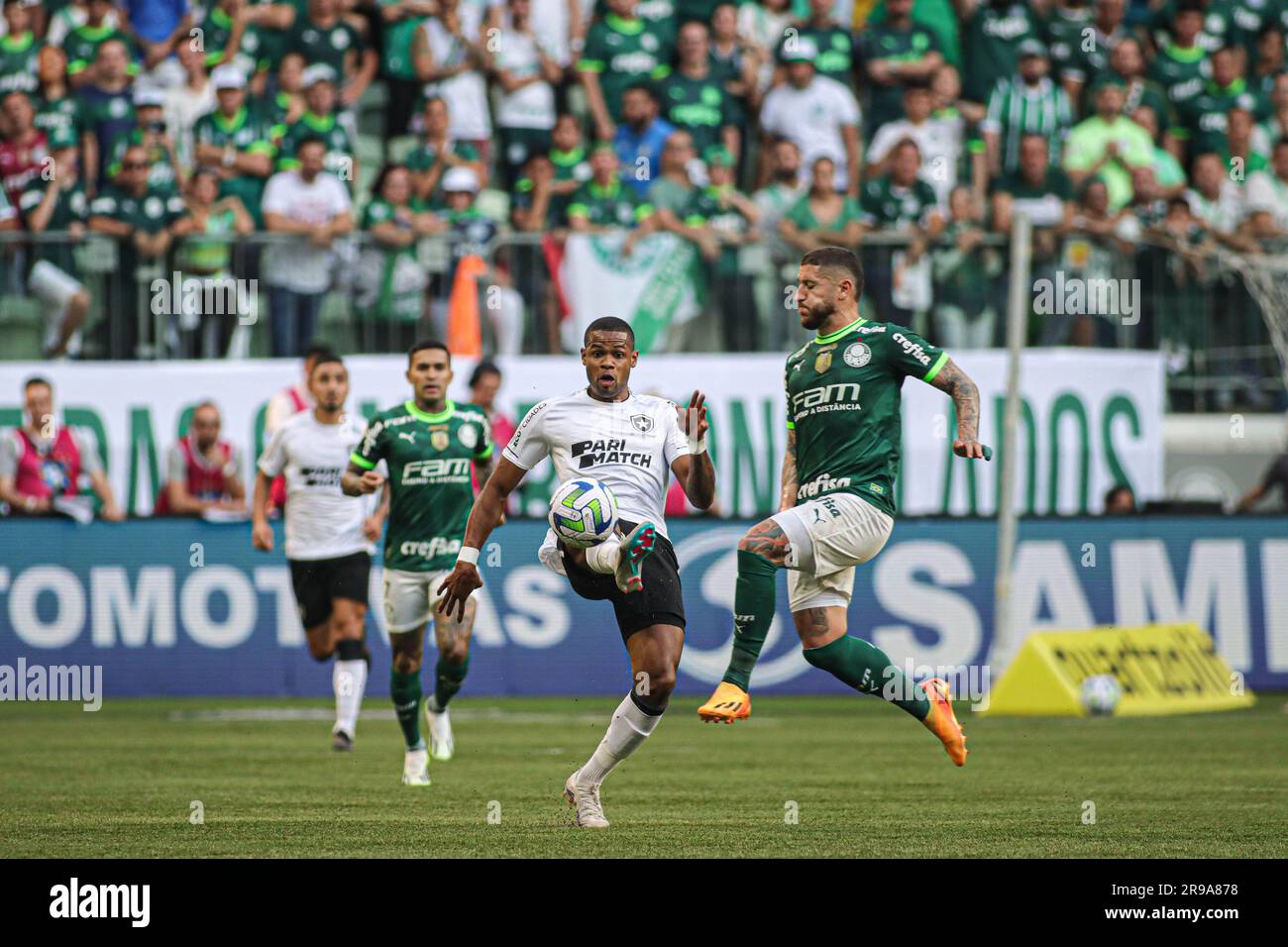 Sao Paulo, Brazil. 25th June, 2023. Ze Rafael of Palmeiras battles for possession with Junior Santos of Botafogo, during the match between Palmeiras and Botafogo, for the Brazilian Serie A 2023, at Allianz Parque Stadium, in Sao Paulo on June 25. Photo: Wanderson Oliveira/DiaEsportivo/Alamy Live News Credit: DiaEsportivo/Alamy Live News Stock Photo