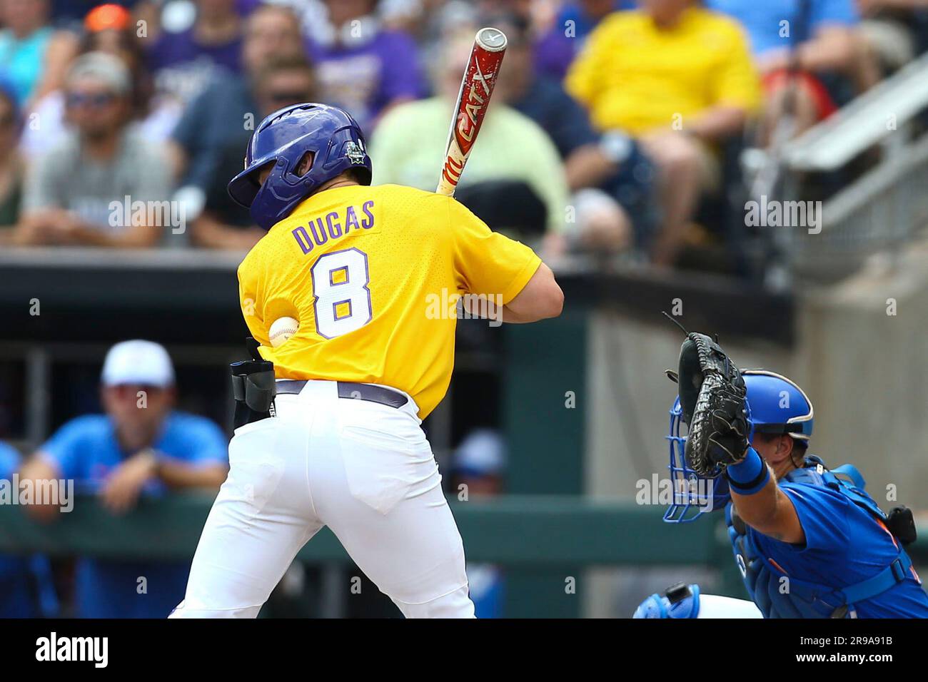 LSU's Gavin Dugas (8) is hit by a pitch by Florida pitcher Hurston