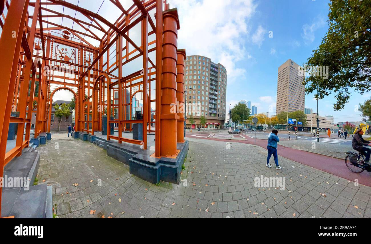 Rotterdam, Netherlands - October 10, 2021: Reconstruction of the Delftsche Poort, realized in 1995 by Cor Kraat. Stock Photo