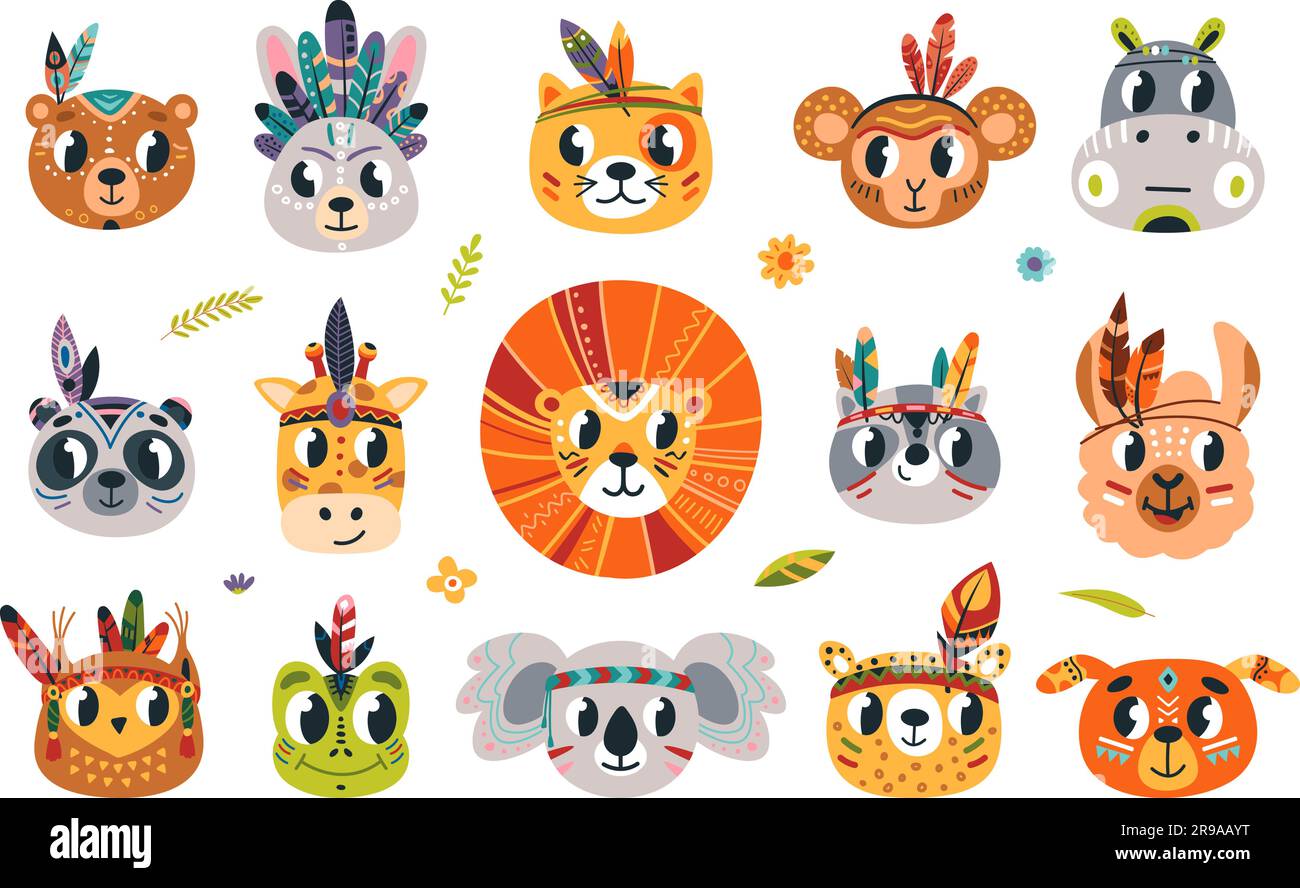 Tribal animals faces, doodle animal avatars boho style. Raccoon, cat and koala, cute panda and dog. Isolated children classy stickers vector elements Stock Vector