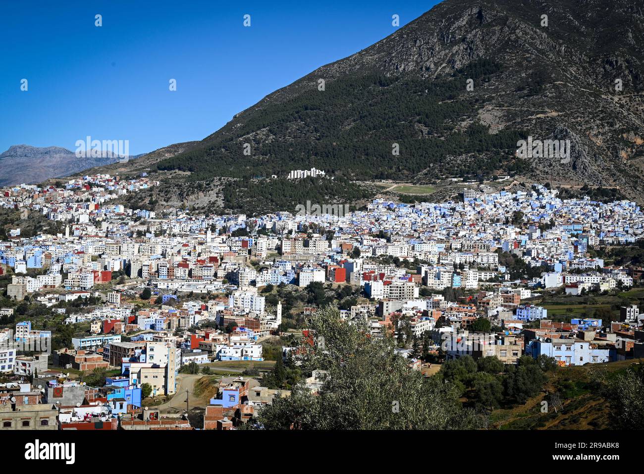 Upon the entrance to Chefchaouen, Morocco, an overlook area affords great views of the Blue City which was founded in 1471 in the Riff mountains Stock Photo