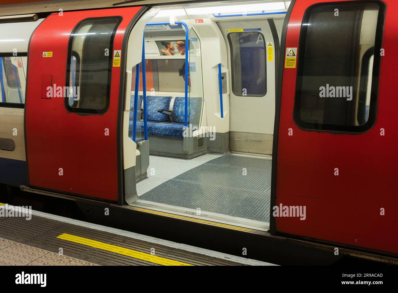 London Underground train carriage at Waterloo tube station standing at