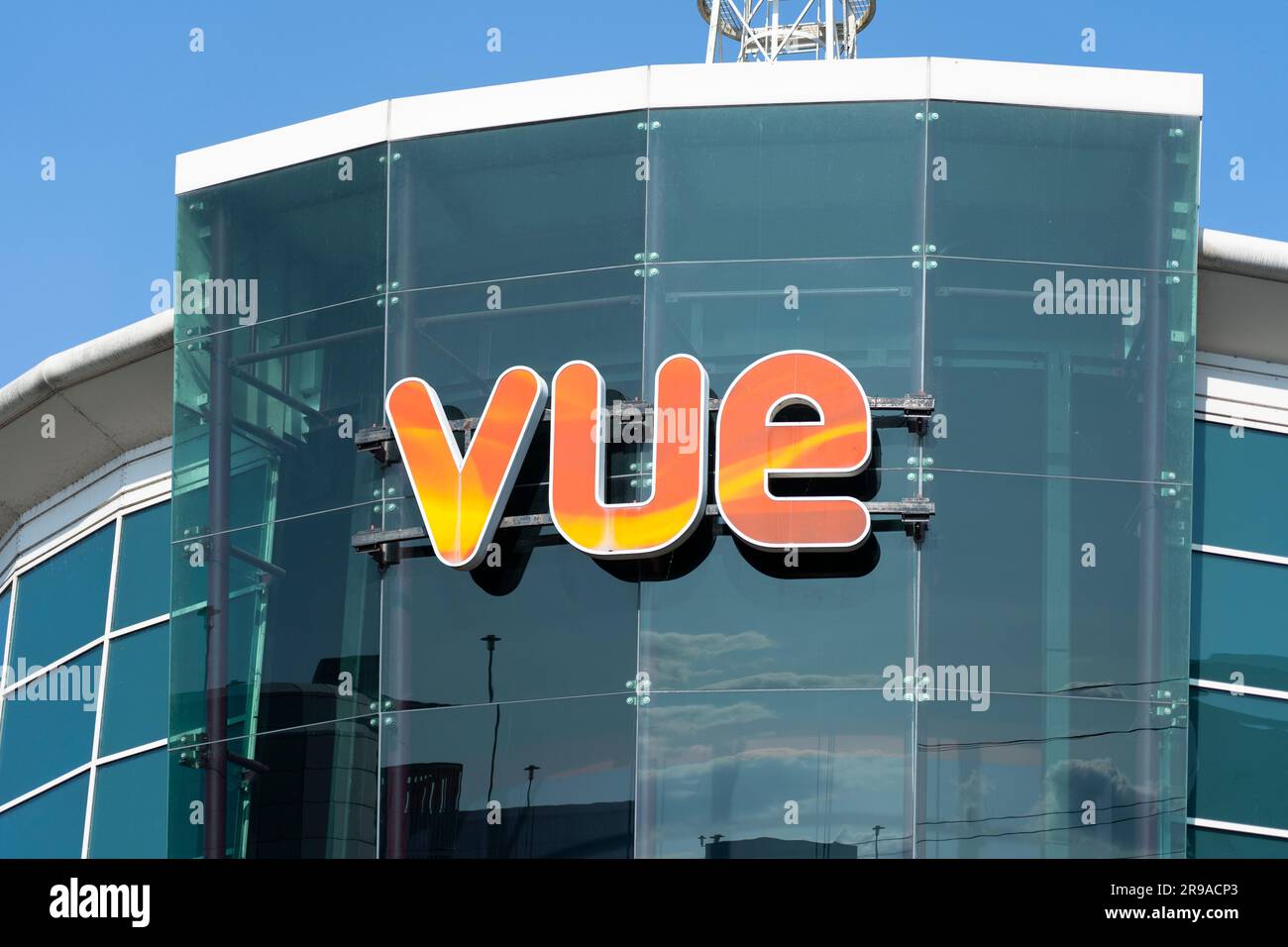 Vue cinema glass facade and logo - a state of the art chain cinema - in the Oracle shopping centre in Reading, England, UK Stock Photo