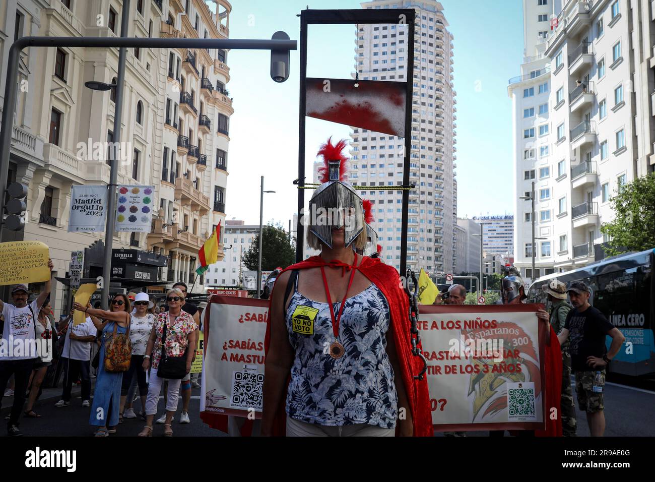 Madrid, Spain. 24th June, 2023. A protester dressed in a Spartan costume takes part during the demonstration. Denialist demonstration called 'STOP Agenda 2030' held in Madrid on Saturday, June 24. The demonstration toured the center of Madrid from Plaza España to the doors of the Ministry of Social Rights and the 2030 Agenda. (Photo by David Canales/SOPA Images/Sipa USA) Credit: Sipa USA/Alamy Live News Stock Photo