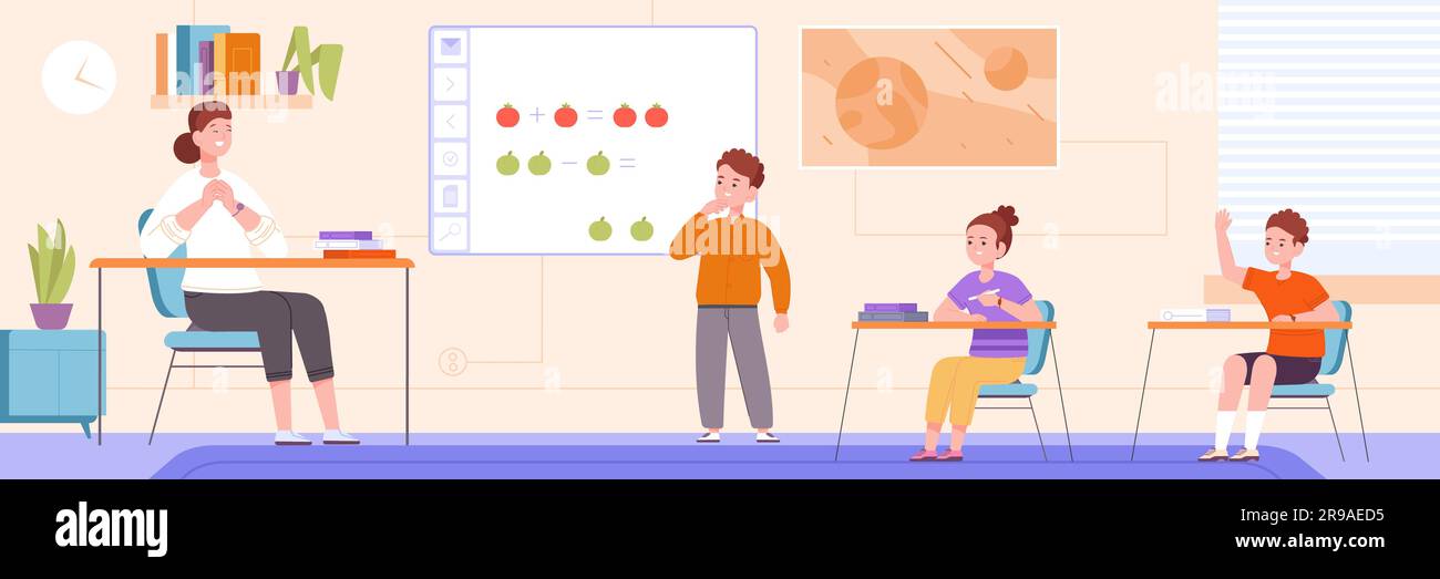 Interactive whiteboard in classroom. Children student at digital