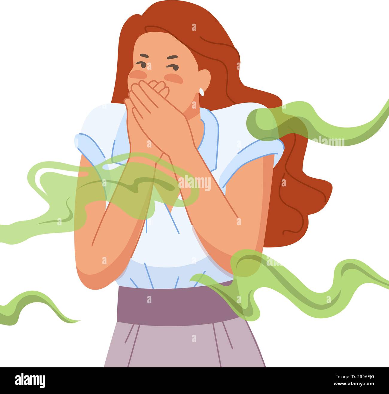 Woman bad smell. Girl cover nose and mouth from disgusted smelly odor, female disgust expression to unpleasant scent of fart stinky breath sweat or toxic smoke vector illustration of smell girl Stock Vector