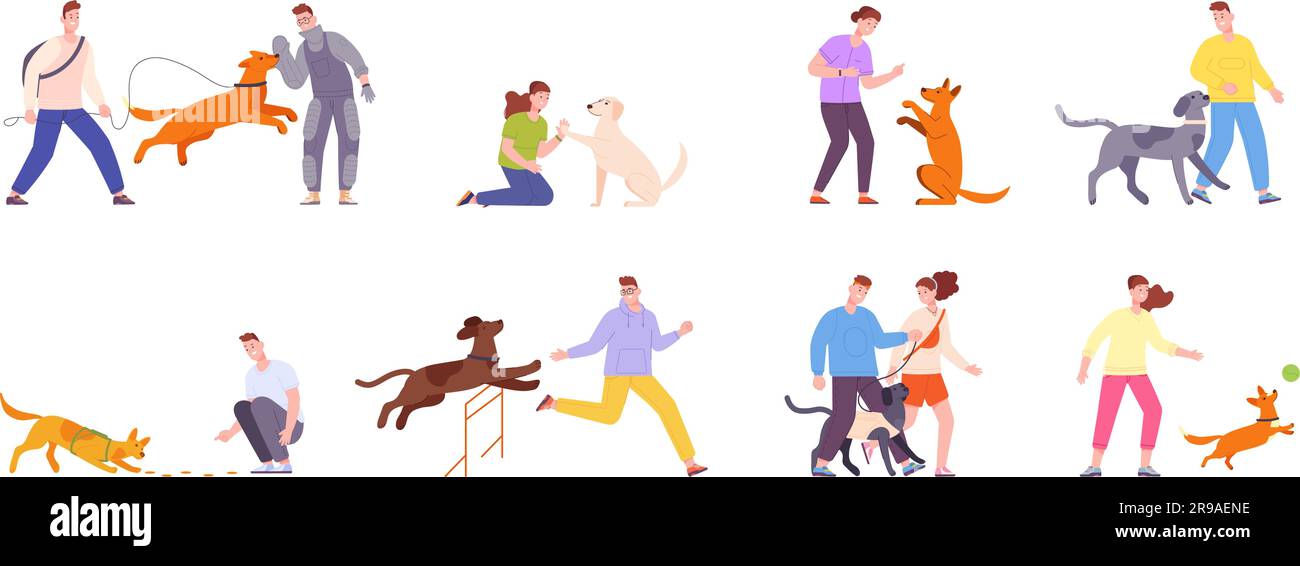 Owner training dog. People teaching dogs commands obedient, canine