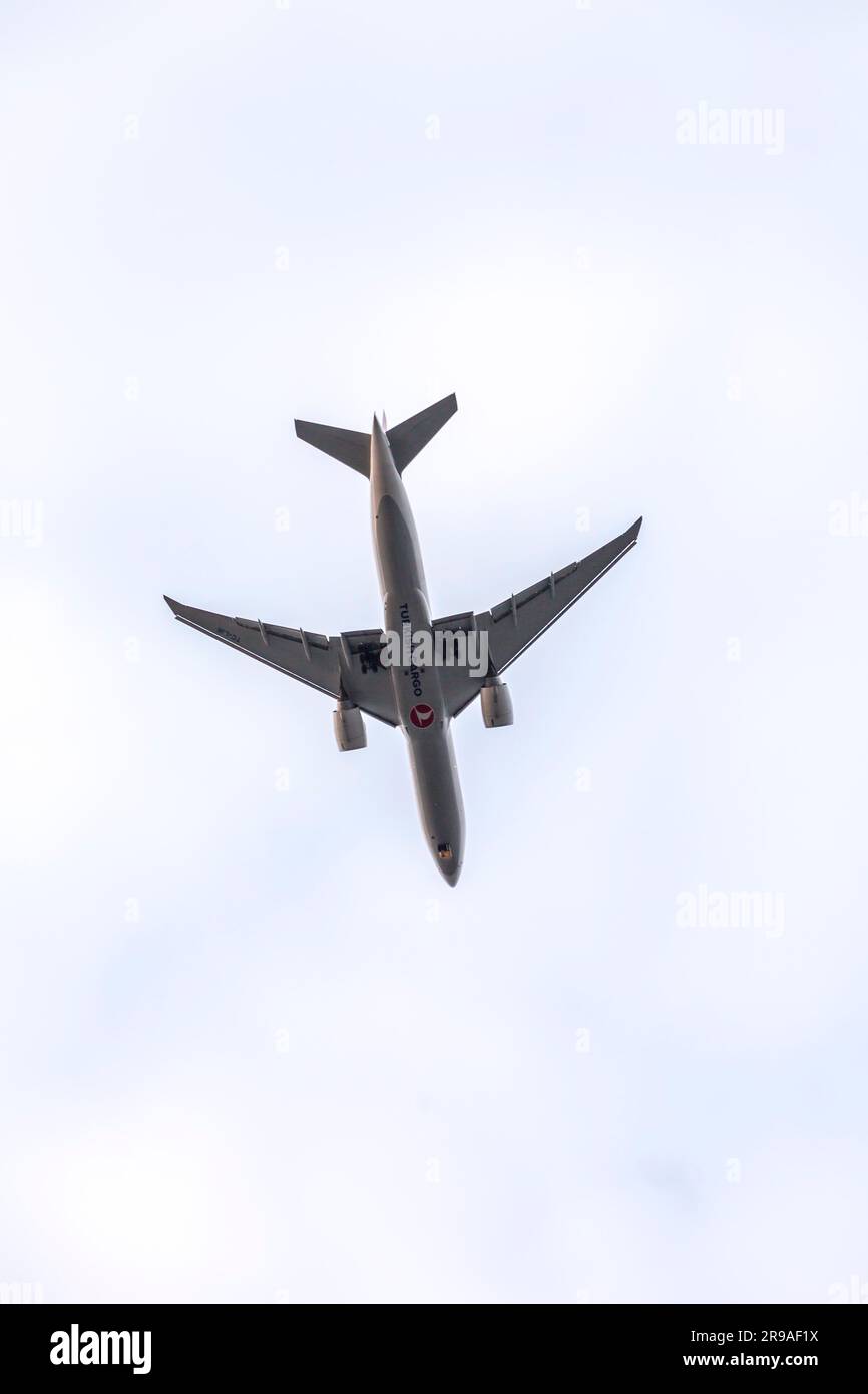 Maastricht, Holland - October 16, 2021: Looking up to Turkish Cargo plane on flight from Maastricht-Aachen International Airport Stock Photo