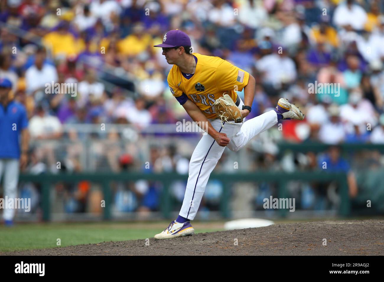 LSU pitcher Bryce Collins (21) throws during the fifth inning of Game 2
