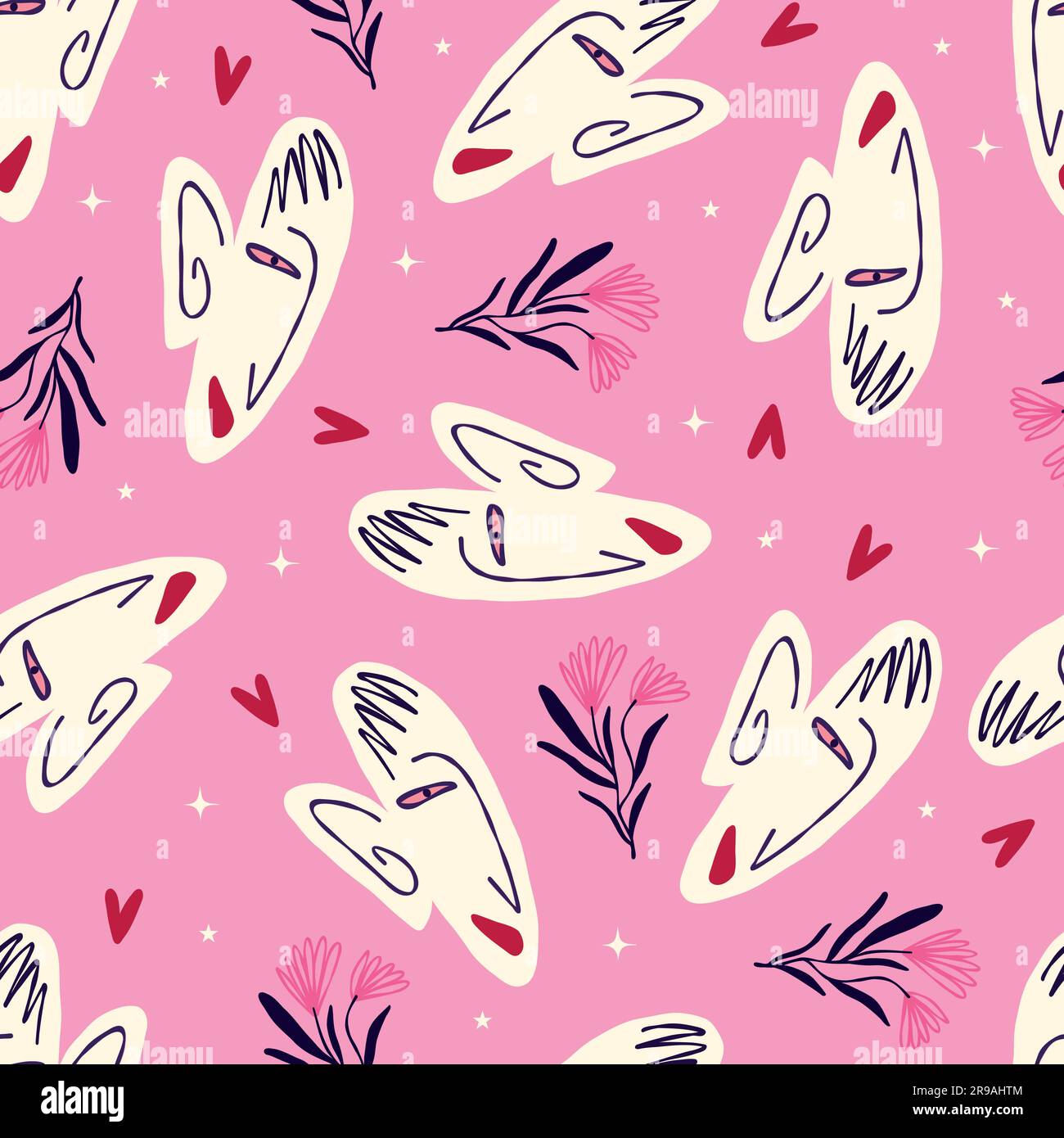 Pink Vibrant Feminine Aesthetic pattern with abstract painted faces and ...