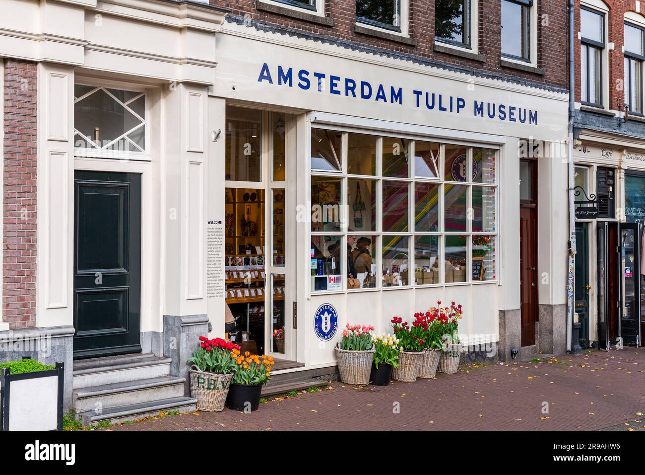 Amsterdam, Netherlands October 17, 2021 Front view of Amsterdam Tulip Museum, a store where