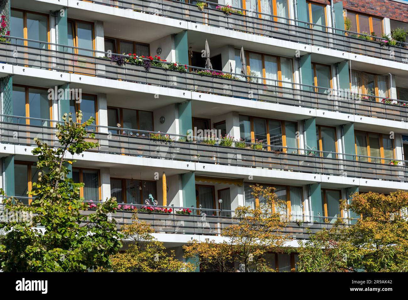 Facade of a modern apartment building in Berlin with many balconies ...