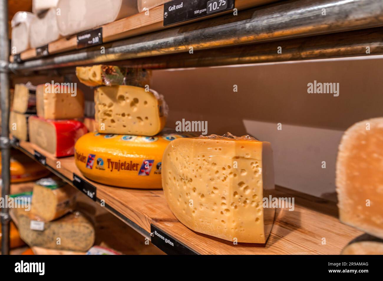 Utrecht, Netherlands October 9, 2021 Different types of traditional Dutch cheese on sale at a